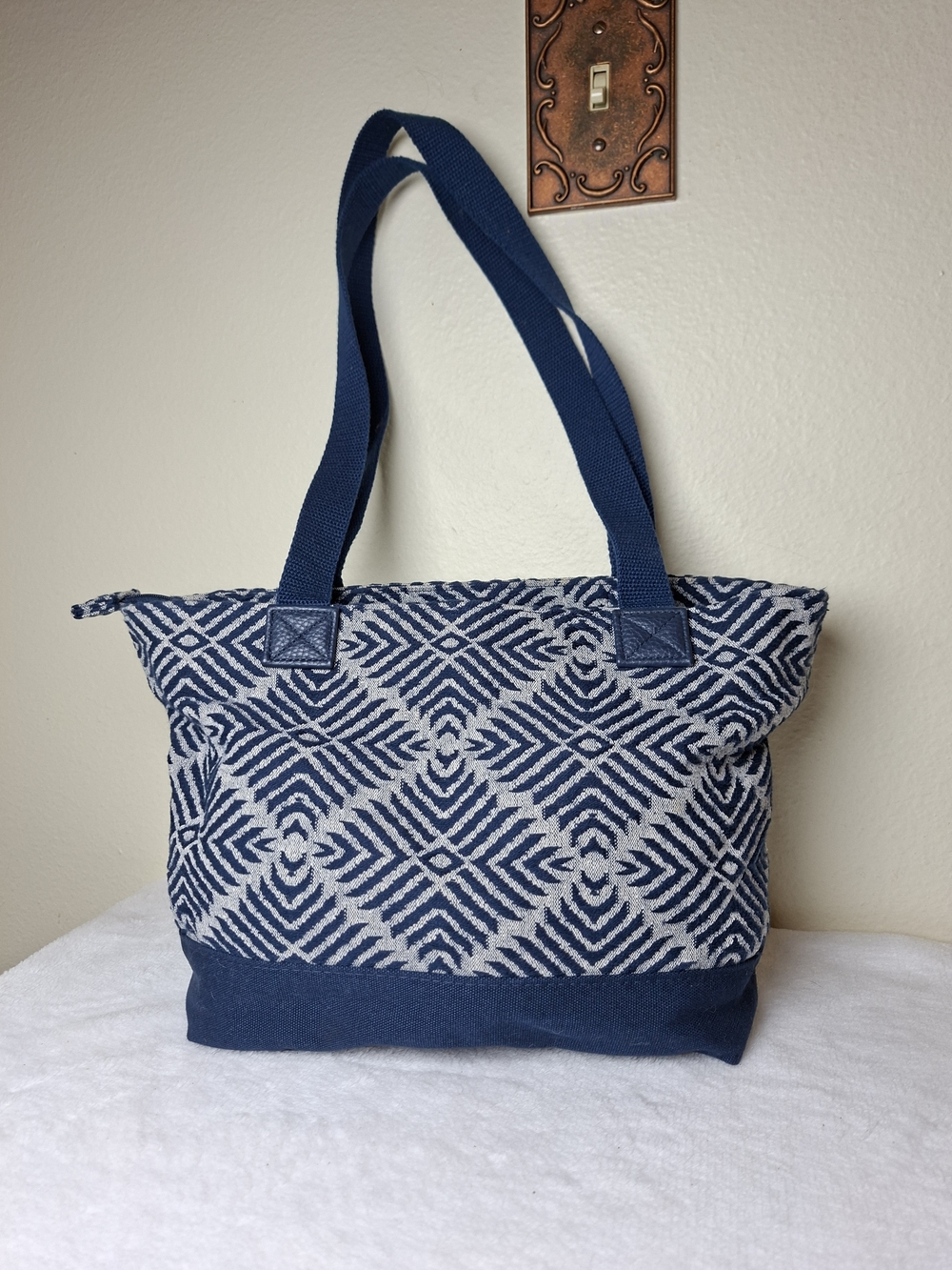 Blue Geometric Canvas Tote Bag - Women's Everyday Shoulder Tote